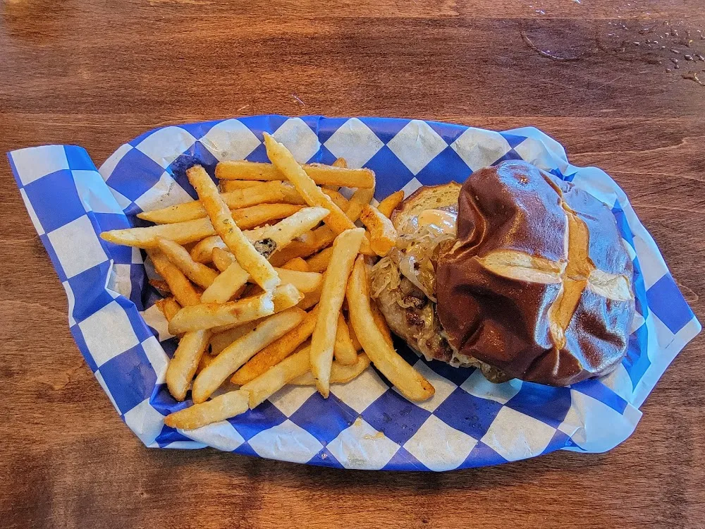 1 3 Pound Brat Burger on a Pretzel Roll with Seasoned Fries