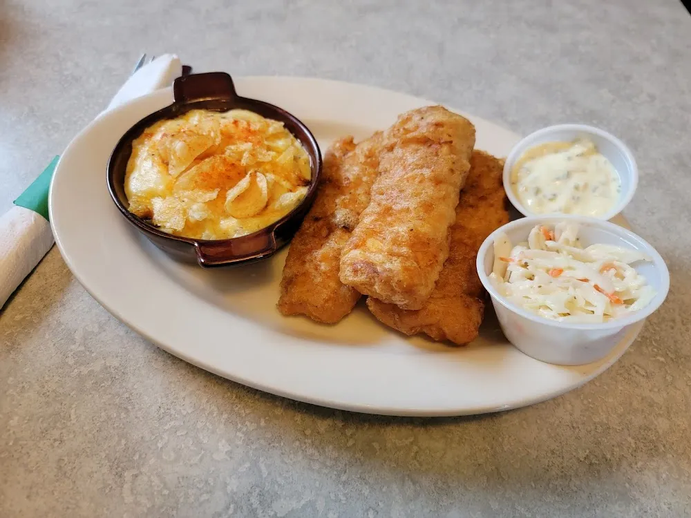 Friday Fish Dinner with Cheesy Potatoes and Coleslaw